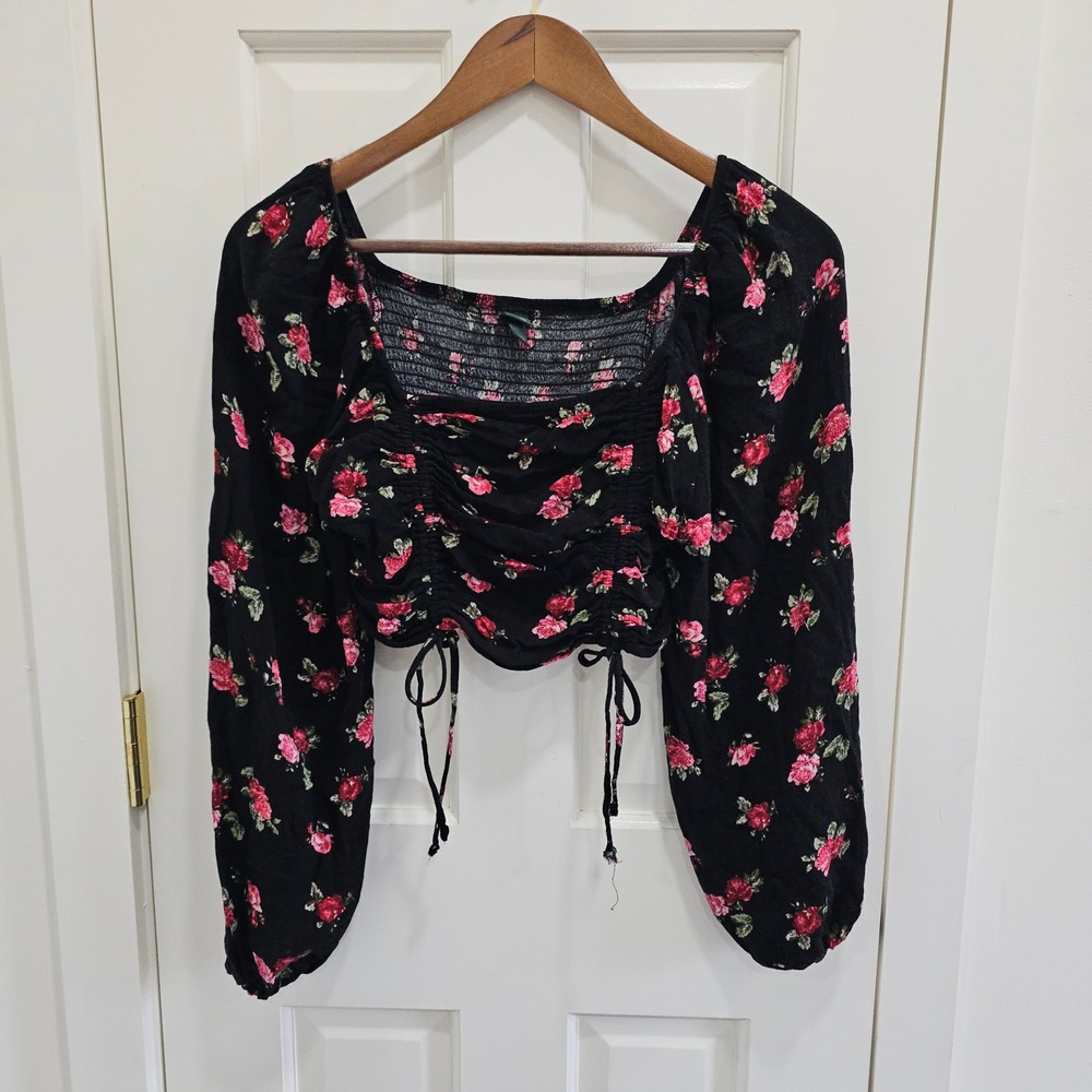 Wild Fable Womens Black Pink Floral Ruched Drawstring Crop Top Smocked Back S
